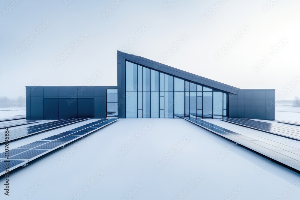 Obraz premium Modern Sustainable Building with Solar Panels in Minimalist Winter Landscape