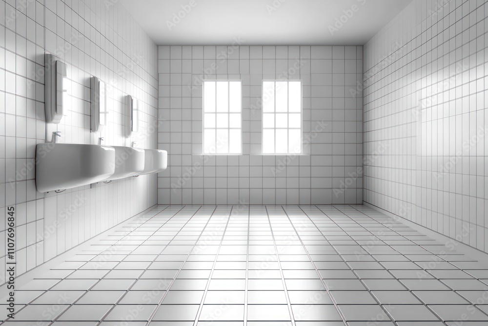 Fototapeta premium A clean, minimalist restroom featuring three urinals and large windows for natural light.