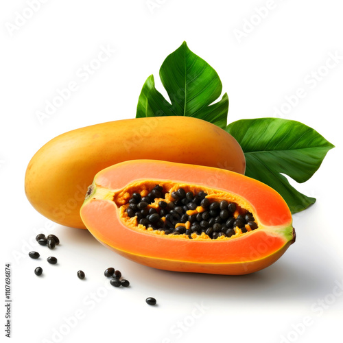 Ripe papaya fruit halved showing seeds and leaves. photo