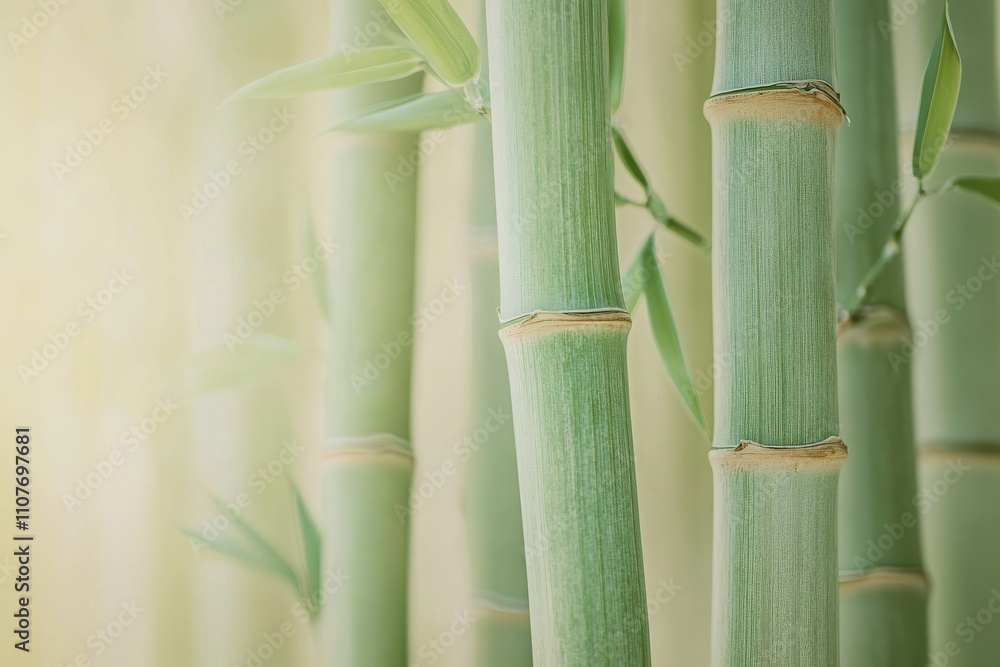 Obraz premium Closeup of bamboo stems with green leaves symbolizing resilience and natural beauty in a tranquil environment