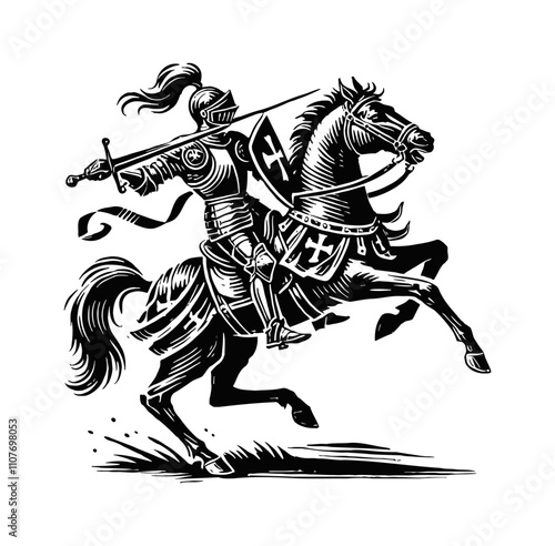 medieval knight on a rearing horse engraving black and white outline