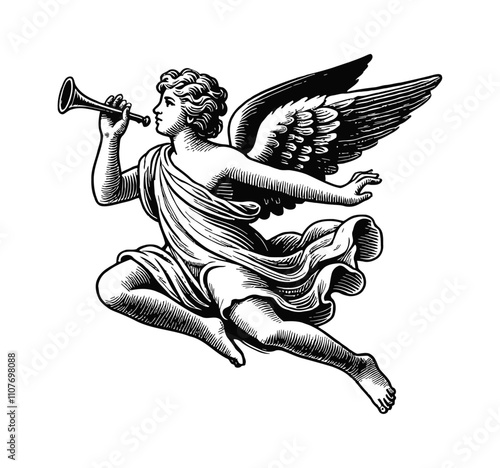 angel flying play trumpet engraving black and white outline