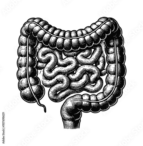 intestine engraving black and white outline