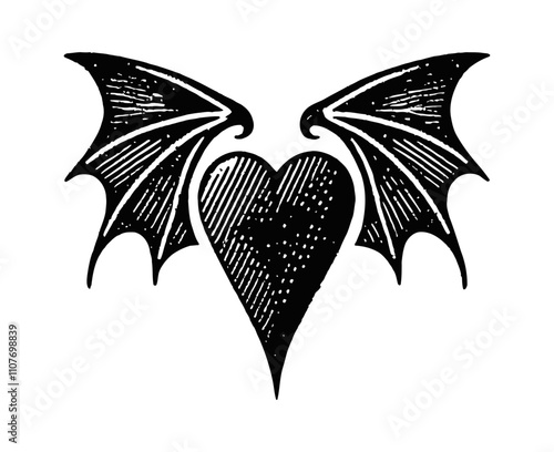 love shape bat wing devil engraving black and white outline
