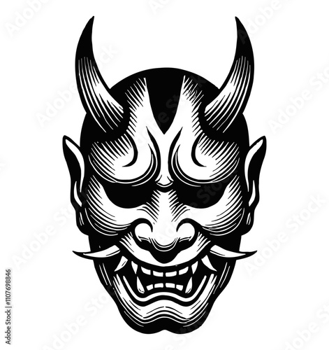 Hannya mask japan engraving black and white outline