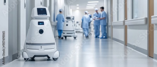 A hospital corridor with robotic assistants and medical staff engaged in tasks.