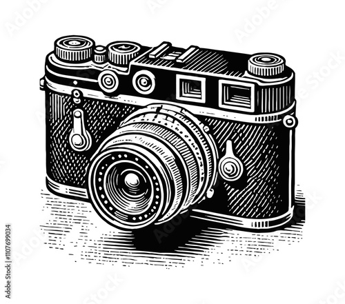 retro camera engraving black and white outline