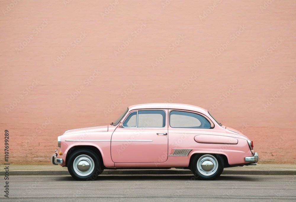 Obraz premium Pink retro car on a pink wall background. Illustration by Generative AI.