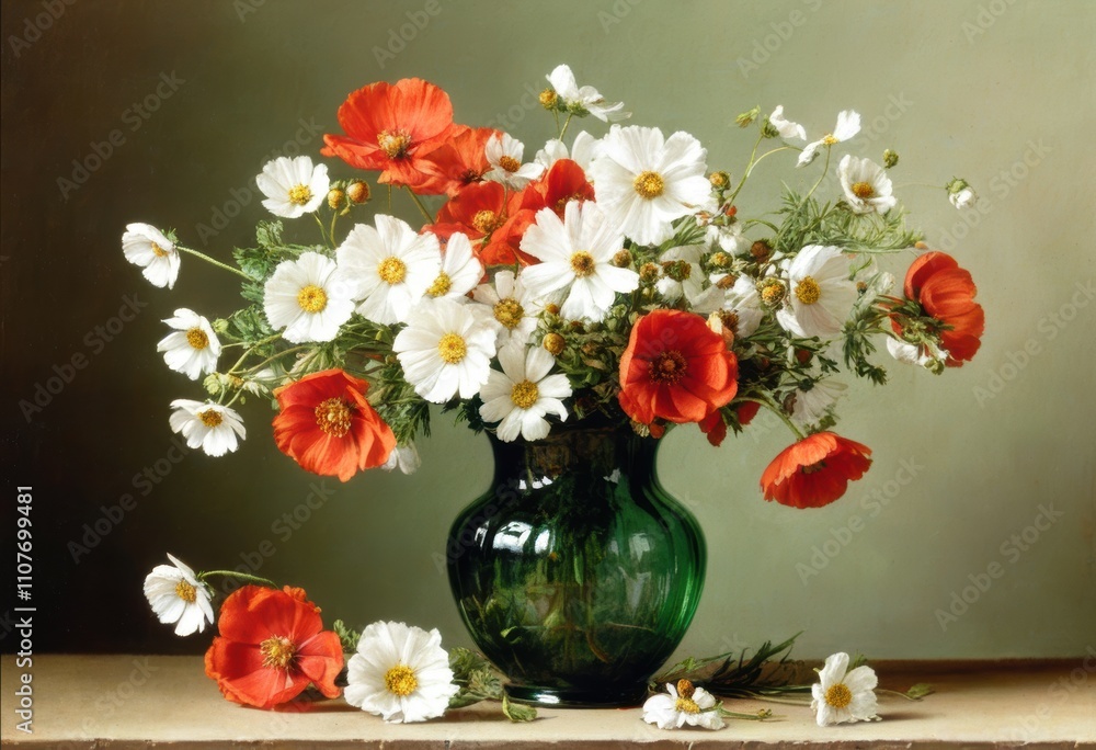Fototapeta premium Beautiful vibrant floral still life in a glass vase. Old postcard style. Illustration by Generative AI.