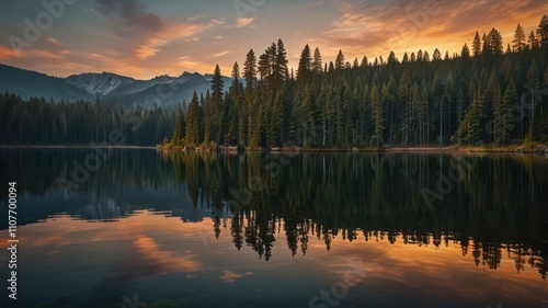 Serene sunset reflecting on a calm lake, surrounded by a dense pine forest and distant mountains.