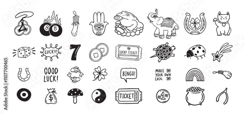 Good Luck doodle Symbols Set. Hand drawn lucky icons. Asian talismans and charms outline set.