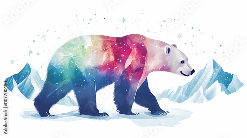 Polar bear under the northern lights. Glacial. Illustration