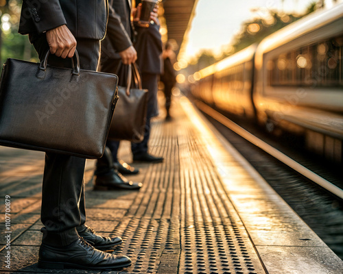 group of commuter business workers waiting at the train or tram stop to go to work photo