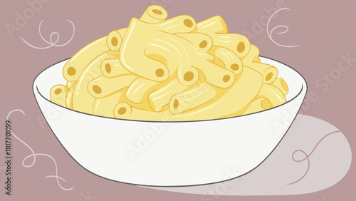 Illustrated bowl of creamy macaroni and cheese on pastel background
