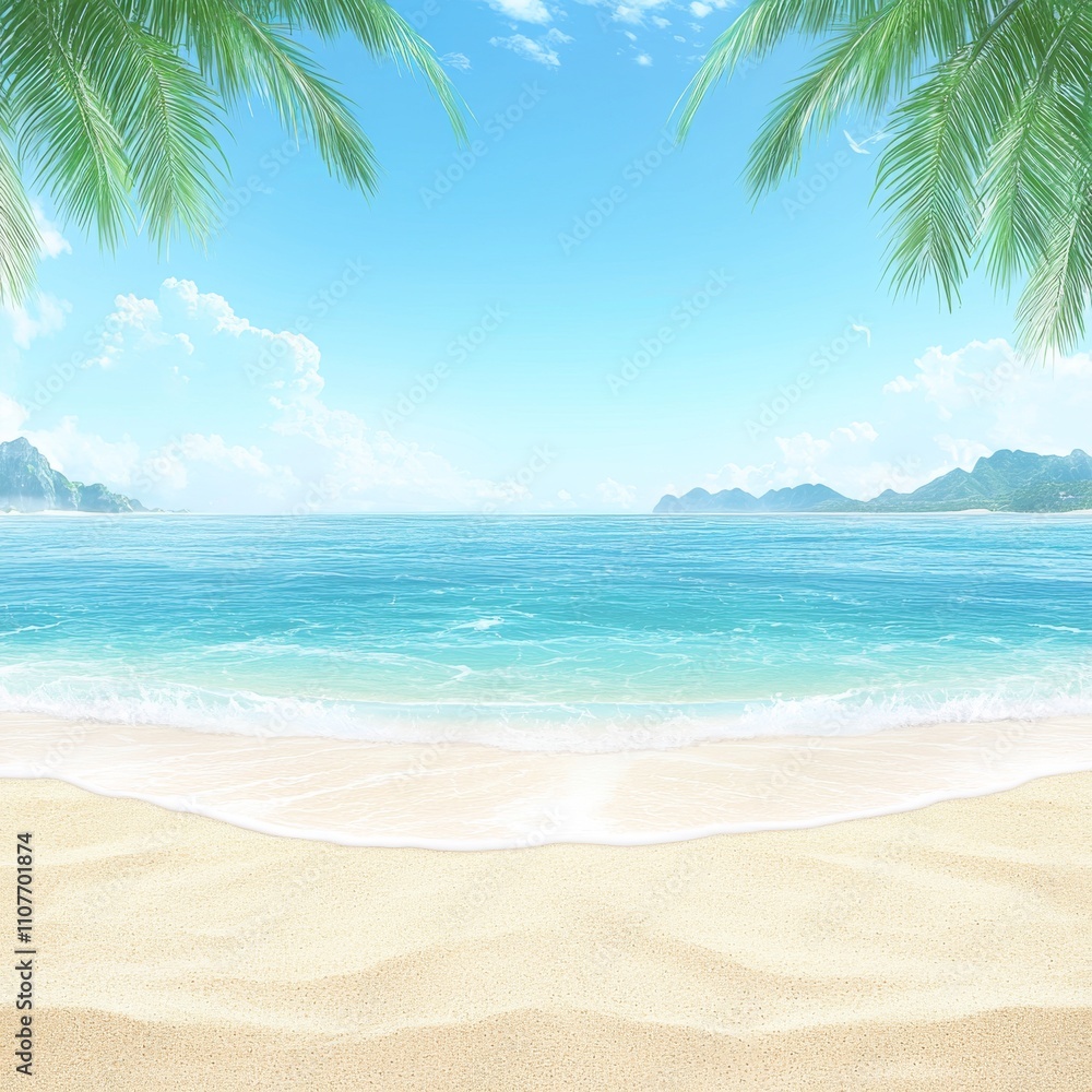 Fototapeta premium Idyllic tropical beach scene with clear blue ocean, white sand, and palm trees.