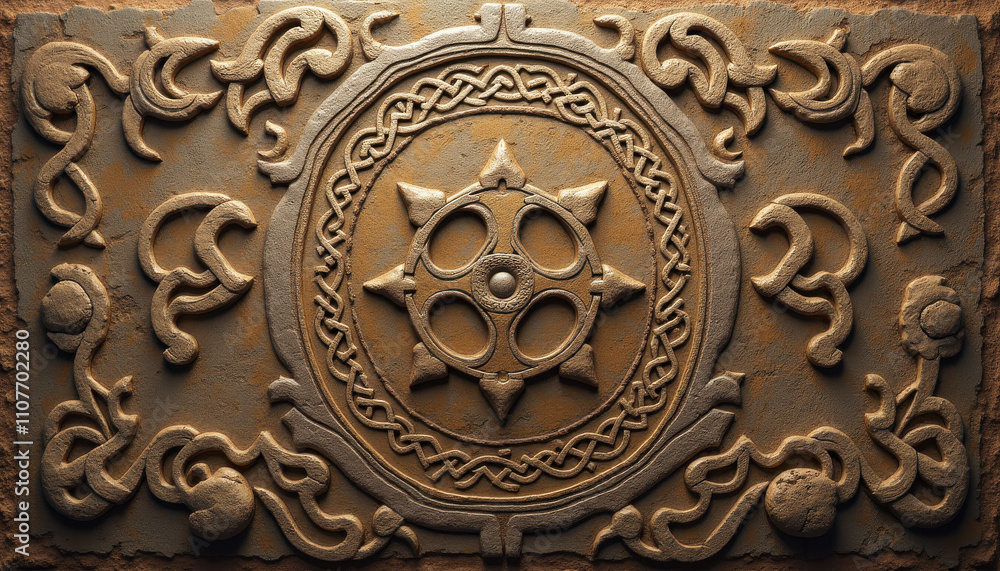 Obraz premium Celtic stone relief with interwoven knot design on a textured wall