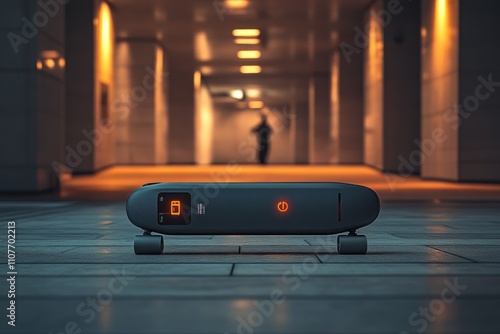 A futuristic electric skateboard sits in a long, empty hallway. The skateboard is grey and has a digital display and an orange light. In the background, a blurred figure walks down the hallway.