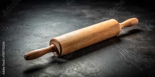 A close-up of a wooden rolling pin resting on a dark surface, ready to be used for baking and culinary creations. photo