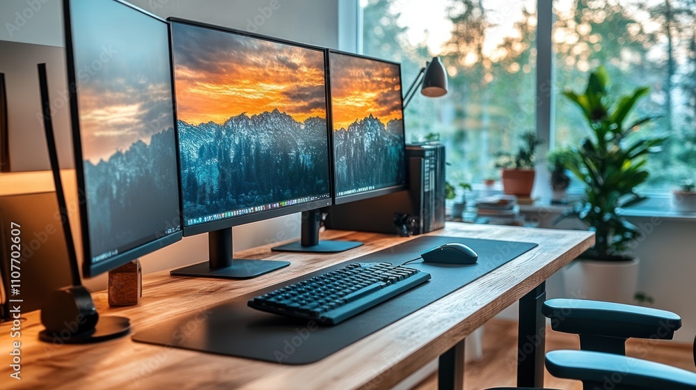 Fototapeta premium Minimalist home office workspace with triple monitor setup, wooden desk, and natural light streaming in from window.