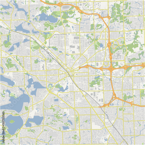 Map of Pontiac in Michigan in a normal road map style. Contains layered vector with roads water, parks, etc.