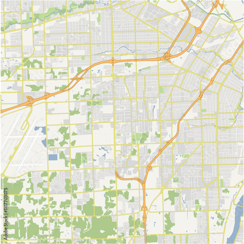 Map of Taylor in Michigan in a normal road map style. Contains layered vector with roads water, parks, etc.