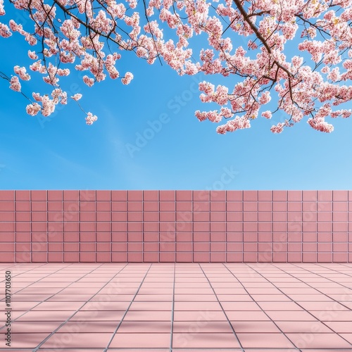 Pink tiled floor and wall with cherry blossoms overhead.