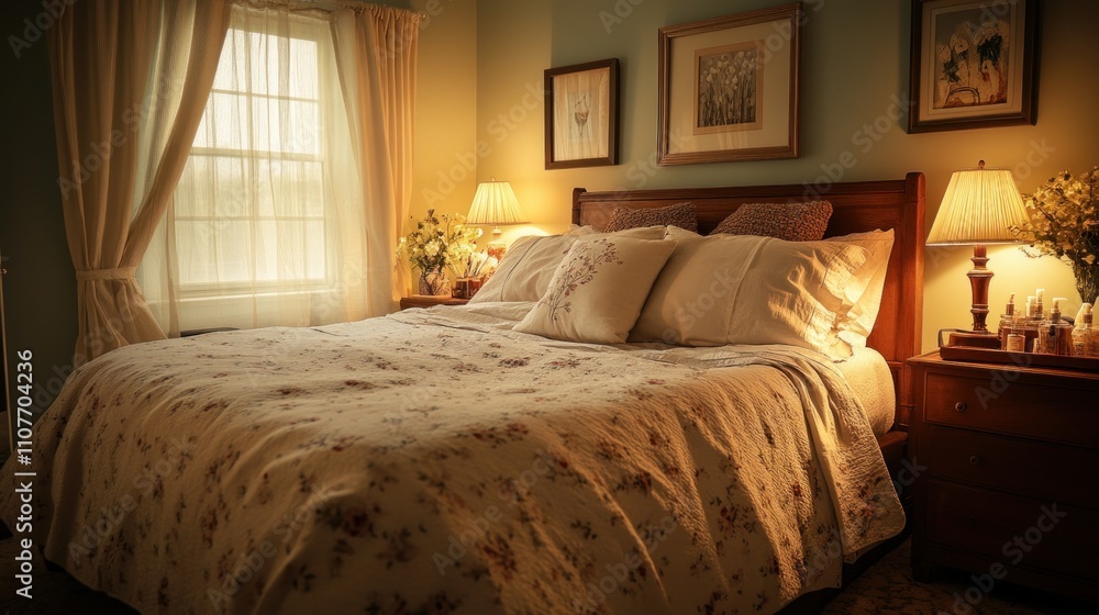 Cozy bedroom with floral bedding, lamps, and window light. Cozy bedroom with floral bedding, lamps, and window light.