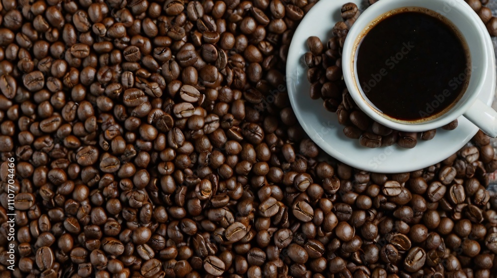 Fototapeta premium Freshly brewed coffee rests beside a mound of roasted coffee beans on a wooden surface