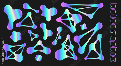 Hologram sticker label collection with holographic effect. Holographic Rainbow retro futuristic shapes for design mockups, preview tags, labels. Iridescent foil symbols and objects in y2k style vector