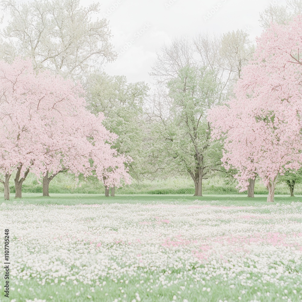 Naklejka premium Serene spring landscape with blooming trees and flowers.