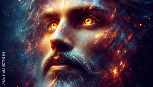 Illustration of a Face with Eyes of Fire in a Celestial Sky of Dramatic Clouds - Christian Background About God