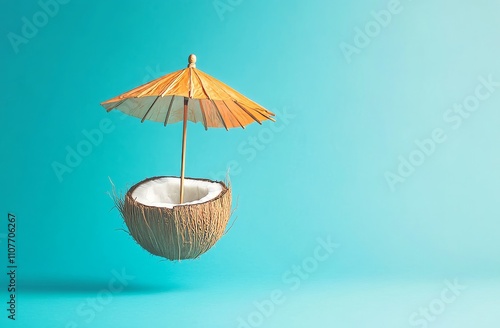 Wallpaper Mural Floating coconut drink under a colorful umbrella evokes tropical vibes and summer relaxation in a clear blue sky Torontodigital.ca