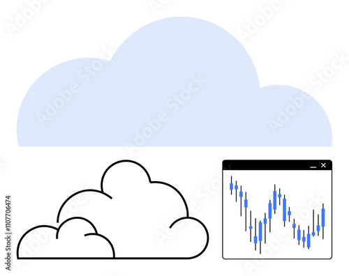 Cloud icons, stock market chart with fluctuating lines. Ideal for cloud computing, data storage, analytics, financial analysis, stock trading, digital services technology trends. Line metaphor