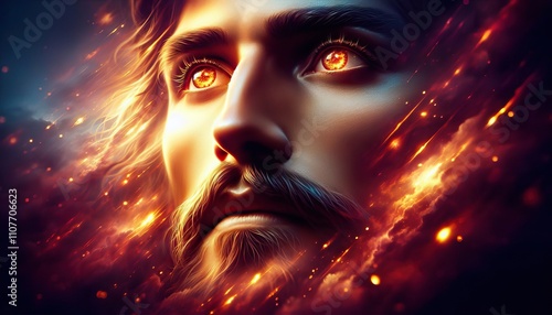 Illustration of a Face with Eyes of Fire in a Celestial Sky of Dramatic Clouds - Christian Background About God