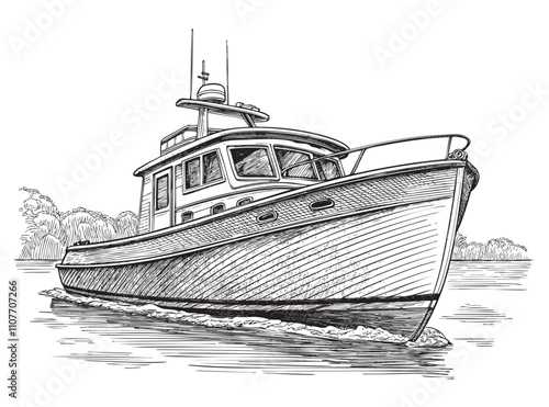 vintage fishing boat sketch hand dawn drawing vector illustration