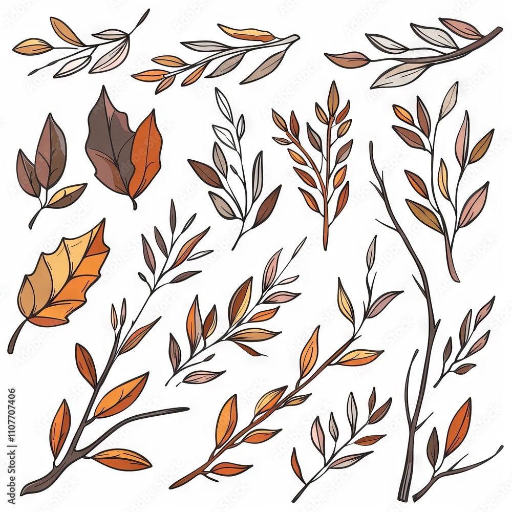 Fototapeta premium Branches drawing set, sketched autumn twigs, leaves, floral design elements, botany pictures