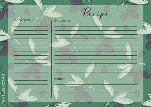 Recipe card template, black olives blank. Cartoon recipe card template illustration. Gourmet food