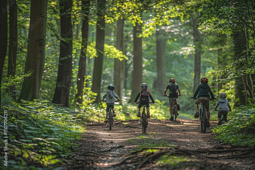 Obraz premium A group of five children and adults ride their bicycles along a dirt path in a lush green forest, enjoying the warm sunlight filtering through the tall trees, creating a serene atmosphere