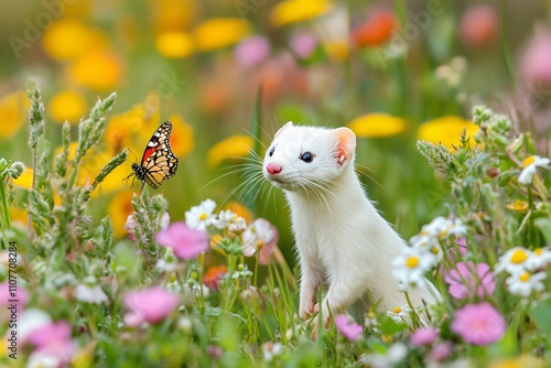 A playful white weasel chasing a butterfly across a meadow filled with colorful flowers, its fur bright under the midday sun 1 photo