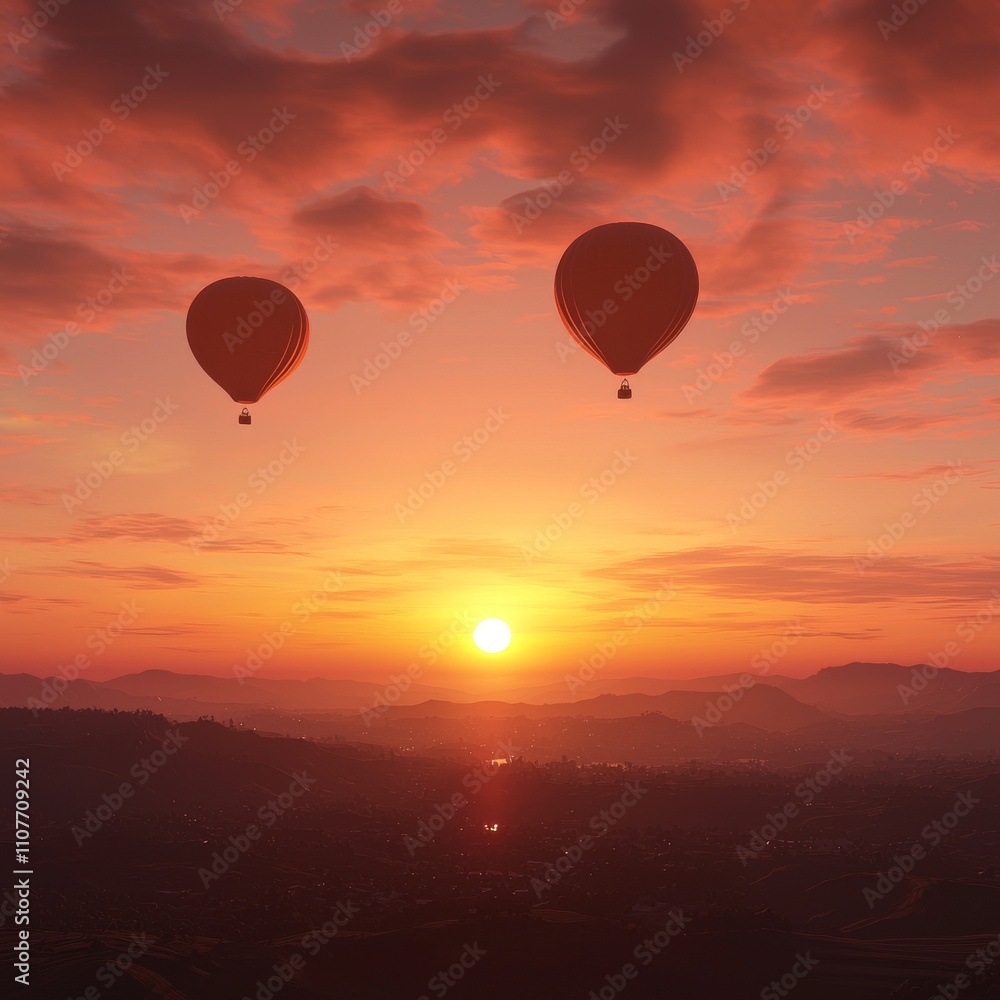 Fototapeta premium Two hot air balloons fly at sunrise over a hazy mountain valley.