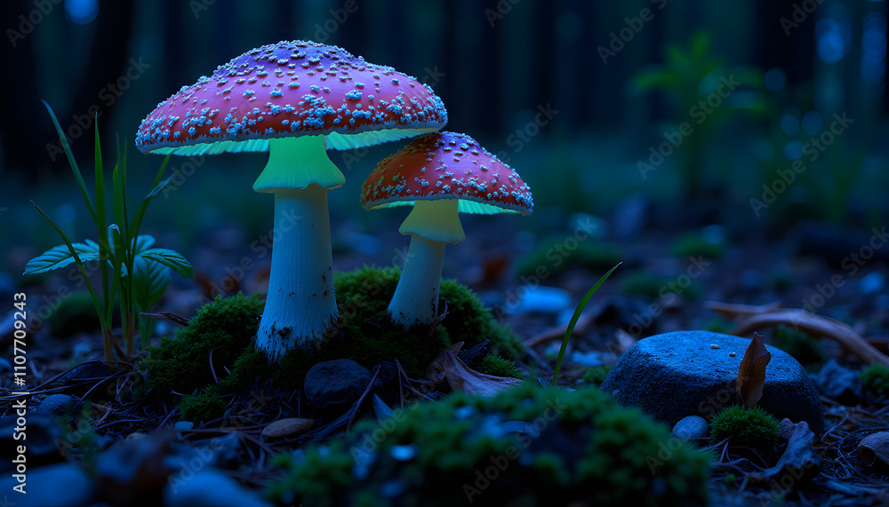 Fototapeta premium Seamless texture of glowing glow-in-the-dark mushrooms with realistic patterns and natural colors, soft lighting, high resolution 