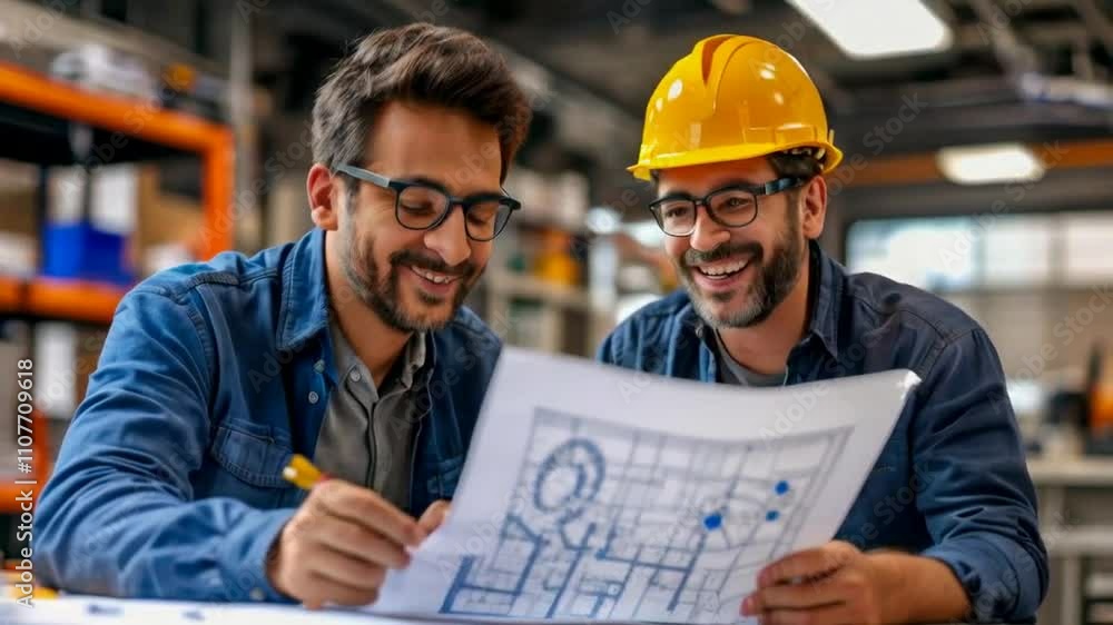Two men reviewing blueprints with smiles, one wearing a hard hat, in a workshop setting. Two men reviewing blueprints with smiles, one wearing a hard hat, in a workshop setting.