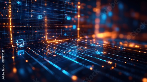 Abstract digital data flow, futuristic technology background with glowing lines and icons.