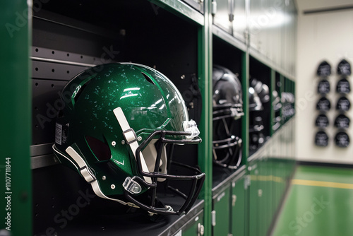 close up of football locker showcasing green and black helmets, highlighting organized storage and team spirit. vibrant colors and sleek design evoke excitement