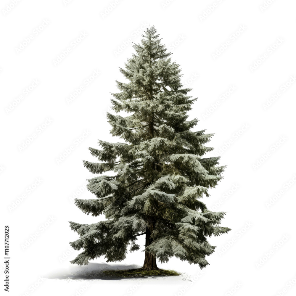 Obraz premium Single snow-dusted evergreen tree on white.