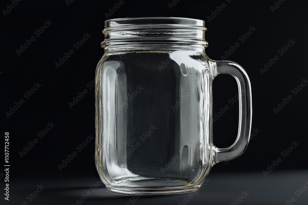 Empty glass mason jar with handle on dark background. Empty glass mason jar with handle on dark background.
