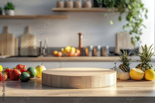 wooden podium stands on kitchen countertop surrounded by fresh fruits like strawberries, lemons, and pineapples, creating vibrant and inviting atmosphere