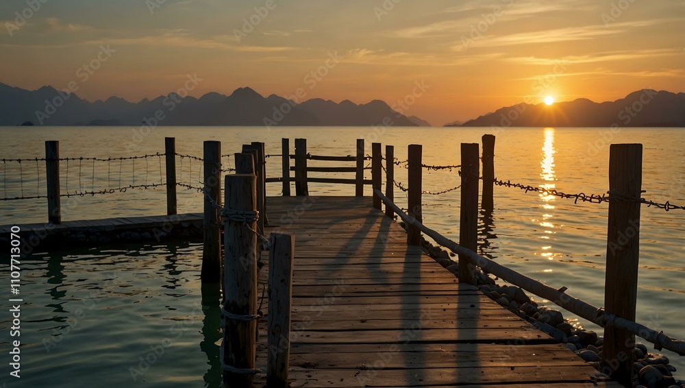 Fototapeta premium Metal fences on a jetty at sunset on Langkawi Island, Malaysia.