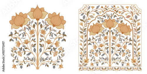 Mughal decorative ornamental floral. Vintage intricate traditional mughal style with flowers and foliage.