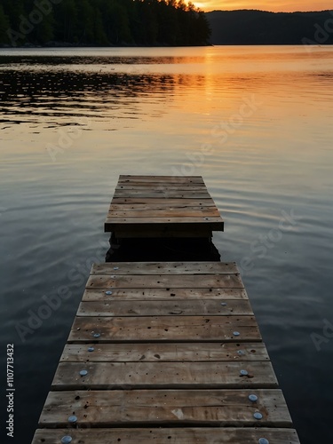 Metal swim platform on Squam Lake at sunset. photo